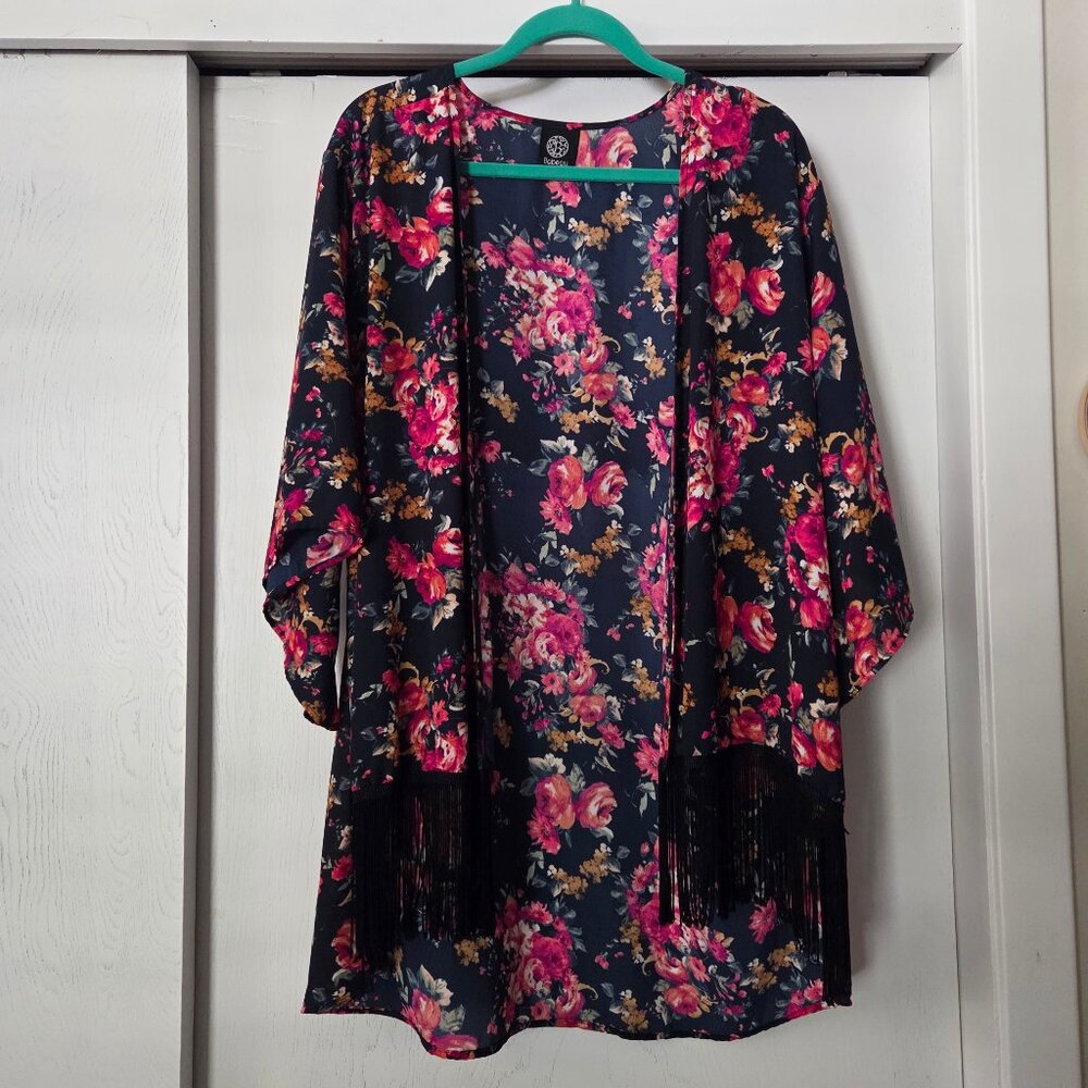 Bobeau L Black Floral Open Front Kimono Sheer Fringe Hi-Low Roses